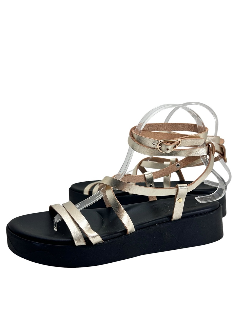 Ancient Greek Sandals - Gold/Black Aristea Strappy Sandals | Size 40